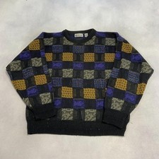 Vintage Abstract Knitted Jumper Patterned Grandad Knit Sweater Men's L