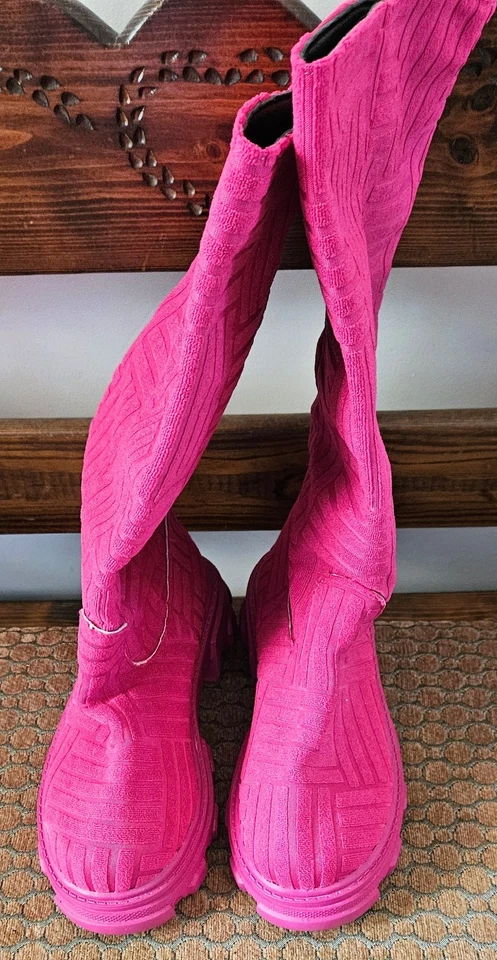 Mujer Botas Hasta la Rodilla Tacón Grueso Toalla Algodón Rosa Caliente Talla 7 EE. UU. / 38 UK Foto 2 de 4