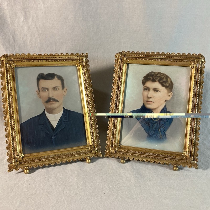 Lot Of 2 Vintage Very Ornate Brass Picture Frames with Hand Tinted Period Photos
