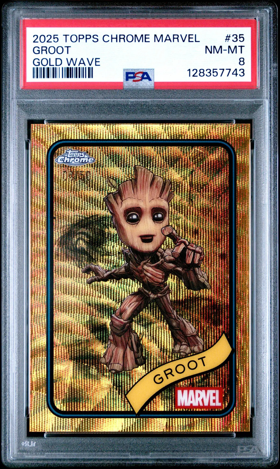 2025 Topps Chrome Marvel Groot Gold Wave /50 PSA 8 Guardians Avengers
