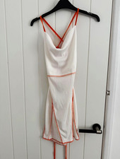 PrettyLittleThing White Ribbed Cowl Neck Strappy Tie Slip Midi Dress, UK 8