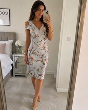 Karen Millen UK 8 Grey Floral Blossom Pencil Midi Dress Cold Shoulder Occasion