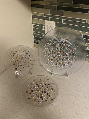 VTG 1970 Asteroid Glass Serving Platter Clear Color Dots 11 3/4  2 Luncheon 8 