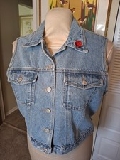 Vintage Adriana Sport Denim Vest Embroidered Roses Women's Size Large
