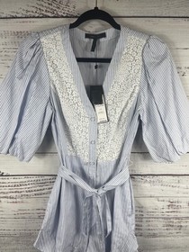 BCBGMAXAZRIA Romper Womens Size 2 Blue Combo Stripe Lace Belted V Neck Shorts