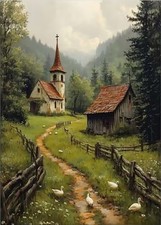 Rustikale Kirche Landschaft Gemälde LEINWANDDRUCK Wandbild UNGERAHMT 30 x 45 cm