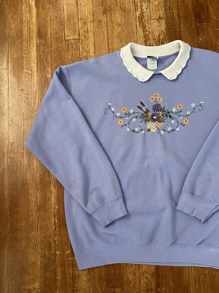 Sudadera Grande Vintage Bordada Floral Cottagecore Cuello Púrpura Abuela Foto 4 de 4