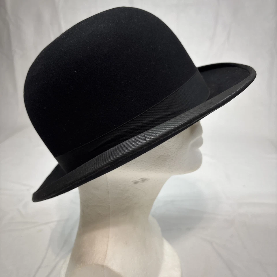John B. Stetson Felt Derby Bowler Hat Black Brown Leather Band Inside 6-7/8 - Image 3 of 4