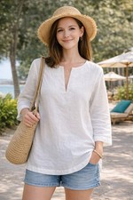 Chaps Linen Top Womens S White Boho Summer Vacation Blouse
