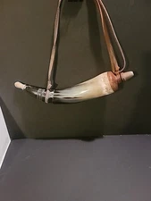 Vtg POWDER HORN Wood End Closure Leather Hanging Strap Pour Spout Wooden Stopper