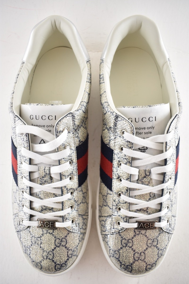 Gucci Ace GG Logo Supreme Canvas Beige Blue Silver Low Top Flat