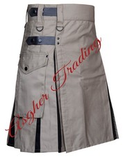 Handmade Khaki With Black Cotton Hybrid Utility Kilt For Men's Custom Size Kilts