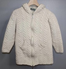 Aran Crafts 100 Merino Wool Hooded Full Zip Cable Knit Cardigan Sweater Size S