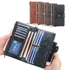 Men's Long Wallet with Chain Leather RFID Blocking Biker Trucker Bifold Zipper