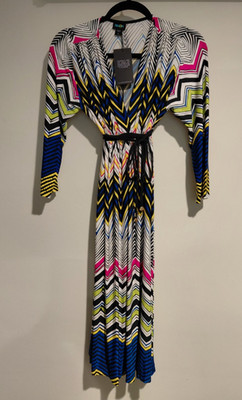 Olian Maternity Dress Medium NWT Chevron Wrap Tie Waist Colorful Maxi USA