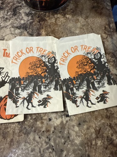 Vintage 1982 General Can Halloween Tin Bucket Jack O Lantern Witch W/3 Treat Bag - Picture 3 of 15