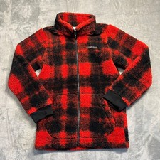 Columbia Fleece Jacket Youth M 10/12 Red Black Buffalo Plaid Sherpa Full Zip