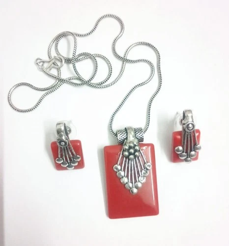 Handmade Red Coral Pendant Necklace & Earrings Set Boho Oxidized Jewelry