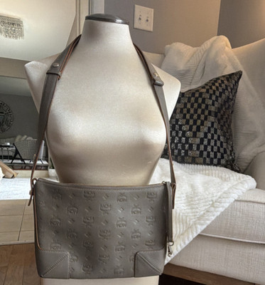 MCM Klara Monogram Leather Hobo Crossbody Bag   Taupe Grey   Gold Hardware  