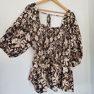 AVA & VIV 3X Black Rust White Floral Square Neck Top Puff 3/4 Sleeves Smocked