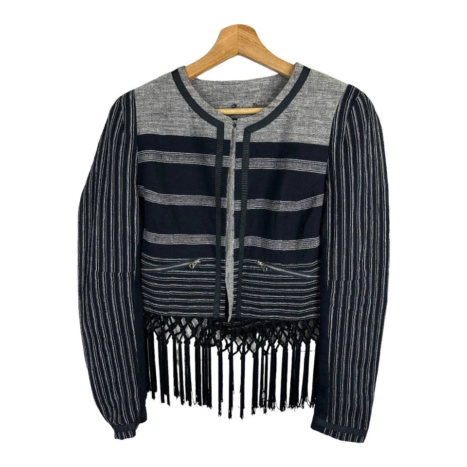 Chaqueta de noche a rayas Rebecca Minkoff para mujer talla 6 Emerson flecos mezcla de lino Foto 2 de 4