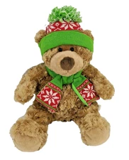 Hugfun International Bear Brown Red Green Hat Scarf Plush StuffedAnimalSoft Xmas