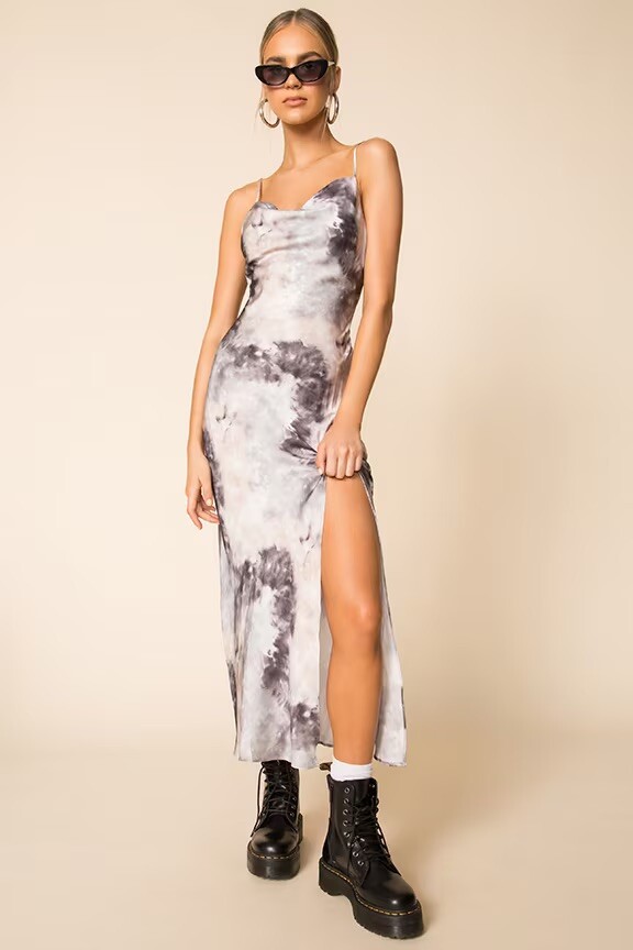 superdown Krystal Slit Maxi Dress Grey Tie Dye Revolve S NWT