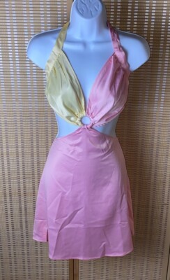 real silk mini dress Silk Halter Mini Dress with Scarf Neck Open Back Short Silk Dress Pink / S
