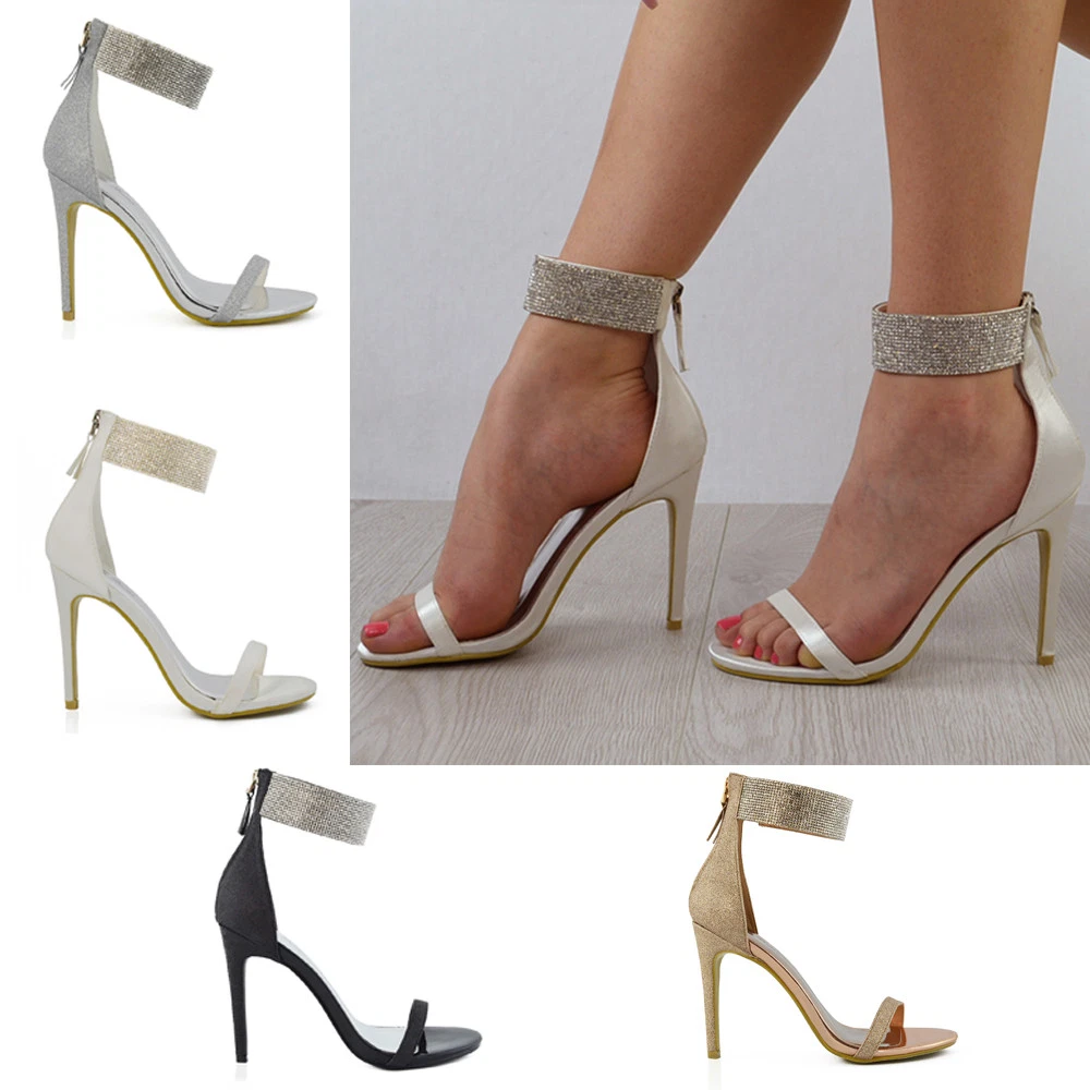 Womens Diamante Ankle Strap Heels Ladies Sparkly Stiletto Peep Toe Party Sandals