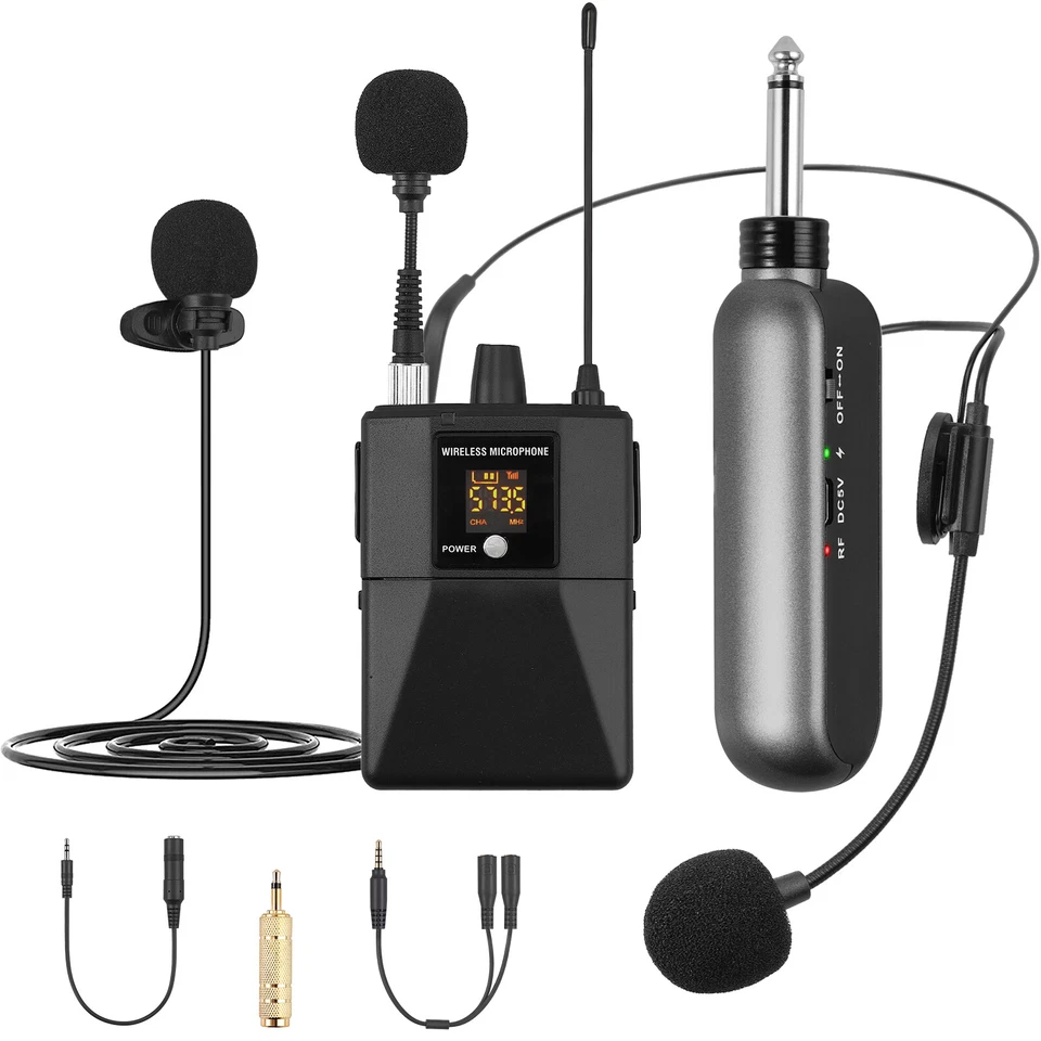Funk Drahtlos UHF Mikrofon Set Headset Handheld Lavaliermikrofon Taschensender - Bild 2 von 4