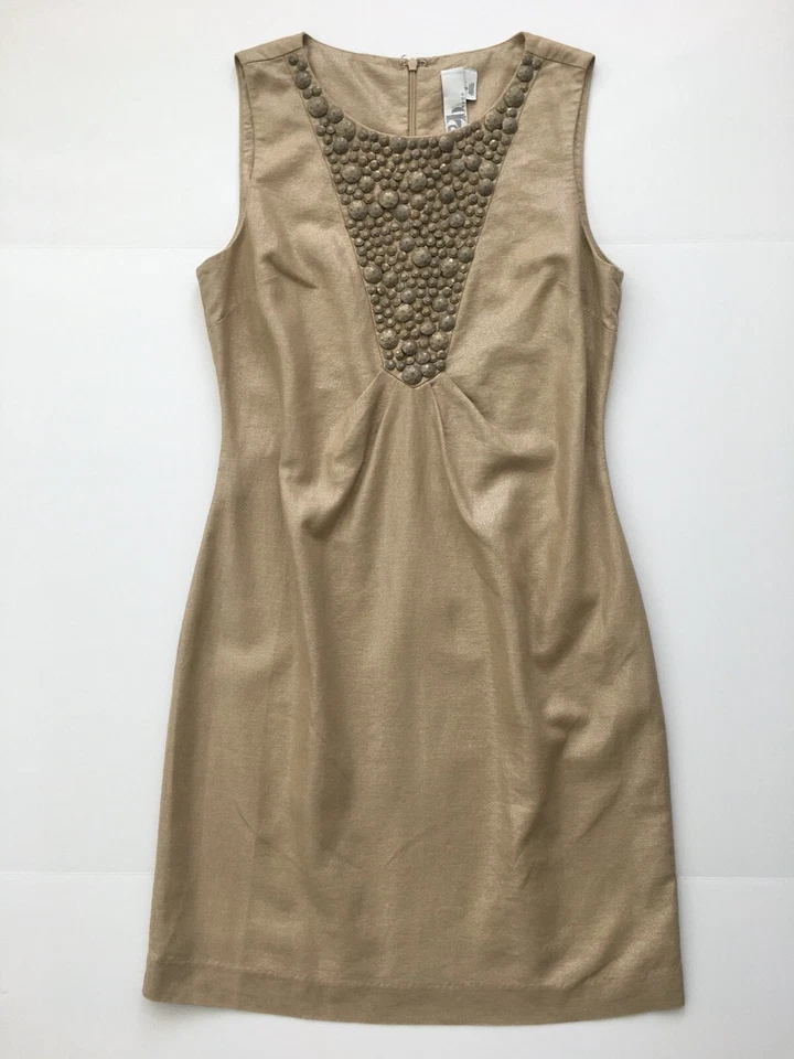 Vestido de linho dourado 2b.Rych 8 miçangas sem mangas algodão forrado champanhe bronzeado metálico - Imagem 2 de 4