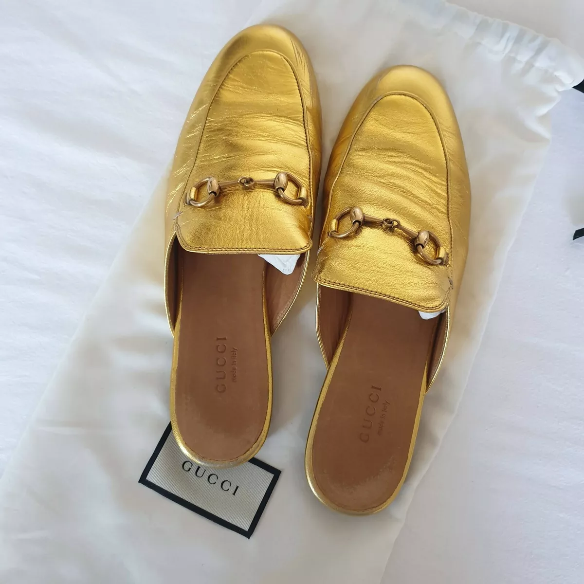 GUCCI Princetown Horsebit Leather Mules in Metallic Gold Size 37