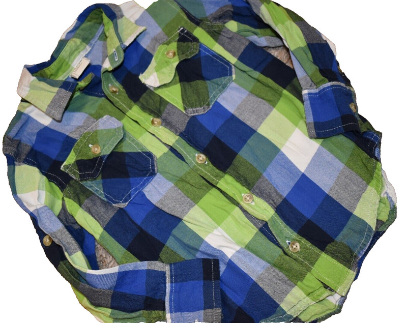 K8 !WOW! OLD NAVY 4T Boys Blue Green Black Plaid button Up Long Sleeve Shirt