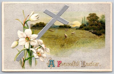A Peaceful Easter~Sheep In Meadow W/ Cross & Lily Flowers~Vtg Winsch Postcard