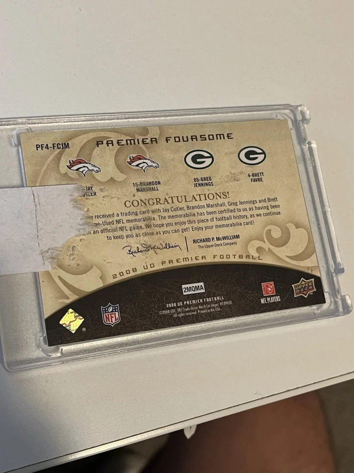 Reliquia 2008 1/1 Brett Favre Jennings Jay Cutler Marshall cubierta superior #PF4-FCJM Foto 2 de 2