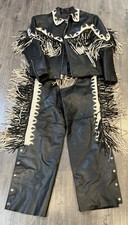 Biker Fringe Leather Outfit Jacket L & Chaps Xs Black Jamin Leather Motorcycle