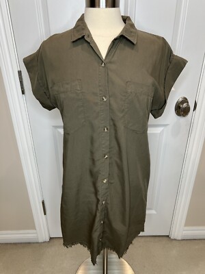 Thread + Supply Sz S  Button Front Shirt Dress  Khaki Green Chambray Raw Hem