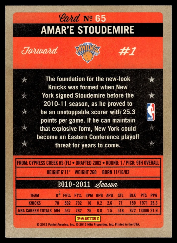 2011-12 Past & Present - Amare Stoudemire #65 Knicks - Image 2 of 2