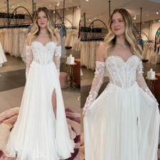 Princess Long Sleeves Wedding Dresses with Side Split Lace Appliques Bridal Gown