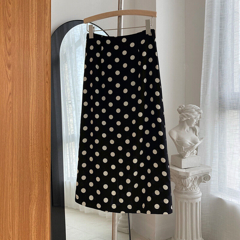 Women Polka Dot Long Skirt with Lined Side High Elastic Waist Zip Back Slit