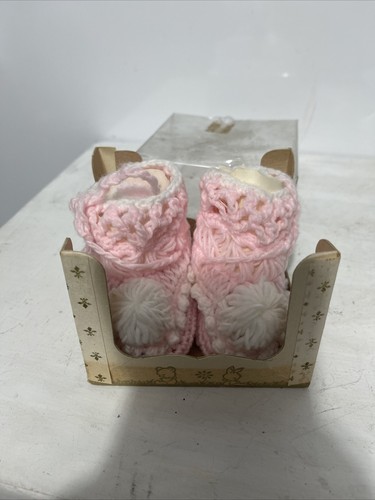 Vintage Glo Knit Pink Baby Infant Socks Pom Pom Booties Original Box - Picture 5 of 7