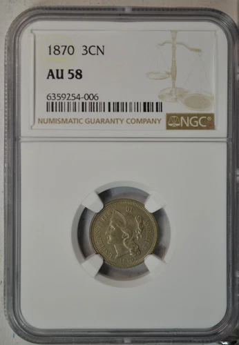 1870 3 cent nickel, NGC AU58