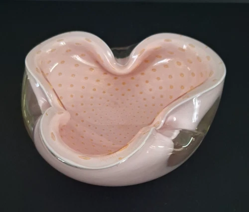 VTG Alfredo Barbini Murano Italy Pink & Gold Art Glass Trefoil Bowl Ashtray 6" L