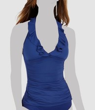 Ralph Lauren Women's Blue Ruffle Halter V-Neck Swimwear Tankini Top Size 8