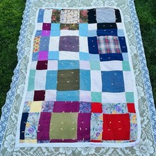 Vtg Handmade Patchwork Quilt Hand Tied 44x68 Scrappy Utility Blanket Cottagecore