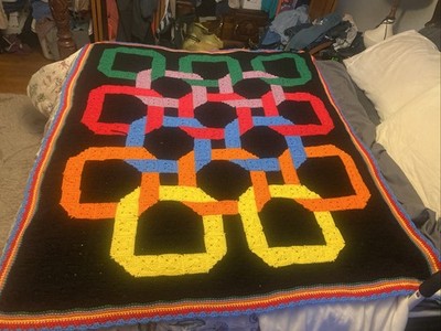 VTG Granny interlocking Links Afghan Blanket 3D Handmade Hand Crochet 52  Colors