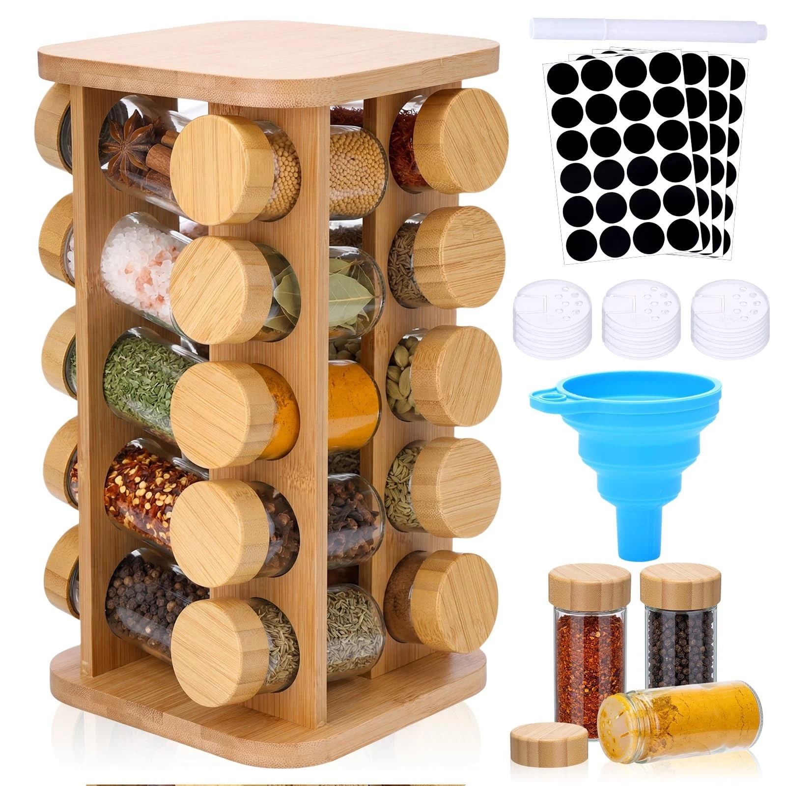 20-jar Rotating Countertop Spice Rack Organizer with Bamboo Tower, 360° Smoot...