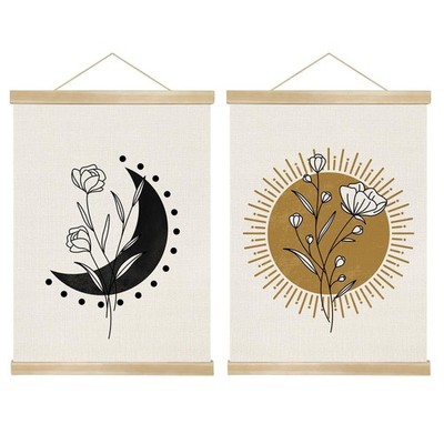 Sun and Moon Wall Art Set of 2,Minimalist Floral Poster on Natural Linen Canv...