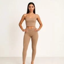 Year of Ours Tan Ribbed Knit Sleeveless Crop Tank Top Pants 2-Piece Set Size M