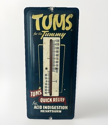 Vintage Tums ''For The Tummy'' Advertising Thermometer Metal Sign 9x4'' Made in USA